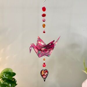 Origami Ornament #2373 - Large Crane with Cloissoné Heart Pedant